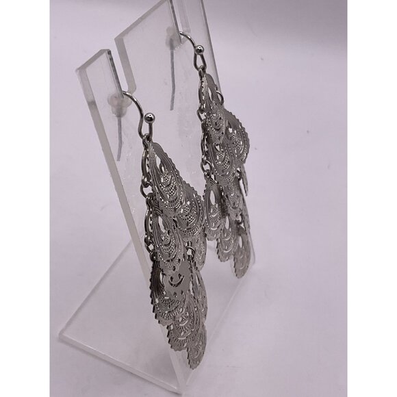 Chandelier Silver Tone Filigree Dangle Earrings - Picture 2 of 5
